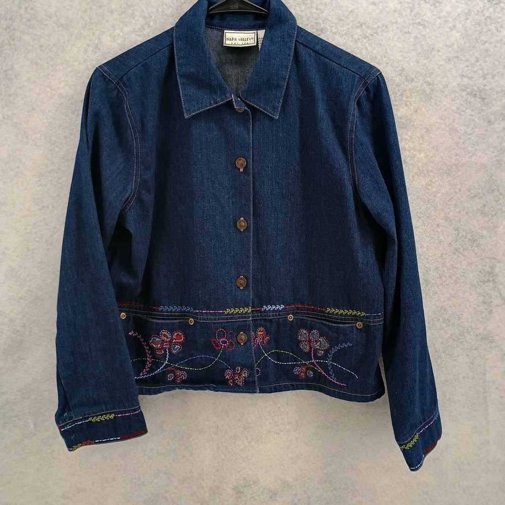Napa Valley Denim Jacket Womens Petite M Blue Embroidered Floral Trucker Coat